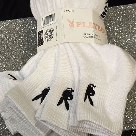 Playboy 5-Pairs Bunny Logo Terry Cushion Unisex Quarter Socks - Picture 3 of 4